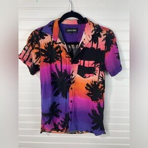 Reason Button Down Ombré Sunset Palm Tree Collared Short Sleeve Shirt S Mens